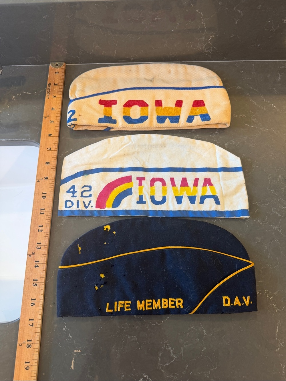 Vintage Iowa Garrison Caps - White, Cream, Navy with Multicolor Lettering